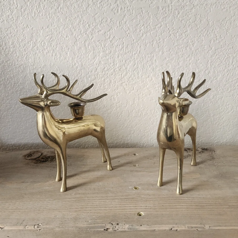 Lot of 2 Pottery Barn Brass Reindeer Candle Holders - Heavy Brass
